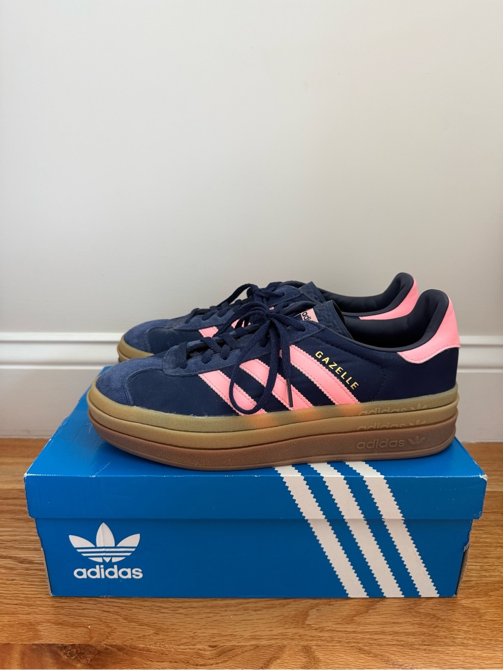 adidas Gazelle Platform Sneakers in Navy & Pink with Gum Sole
